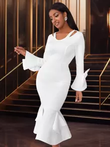 Vestido elegante midi de unicolor con mangas de campana caladas y corte sirena - Blanco - Ver 1