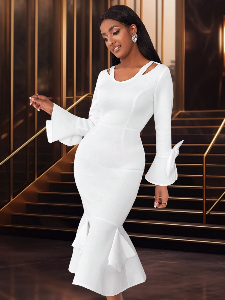Vestido elegante midi de unicolor con mangas de campana caladas y corte sirena - Blanco - Ver 1