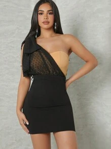 Hauture Vestido De Estampa De Bolinhas Com Contraste De Um Ombro E Laço - Multicolorido - Visão 1