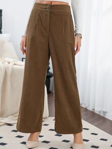 Chất rắn Cao eo Túi Nút Cơ bản Quần - màu nâu - Xem 3