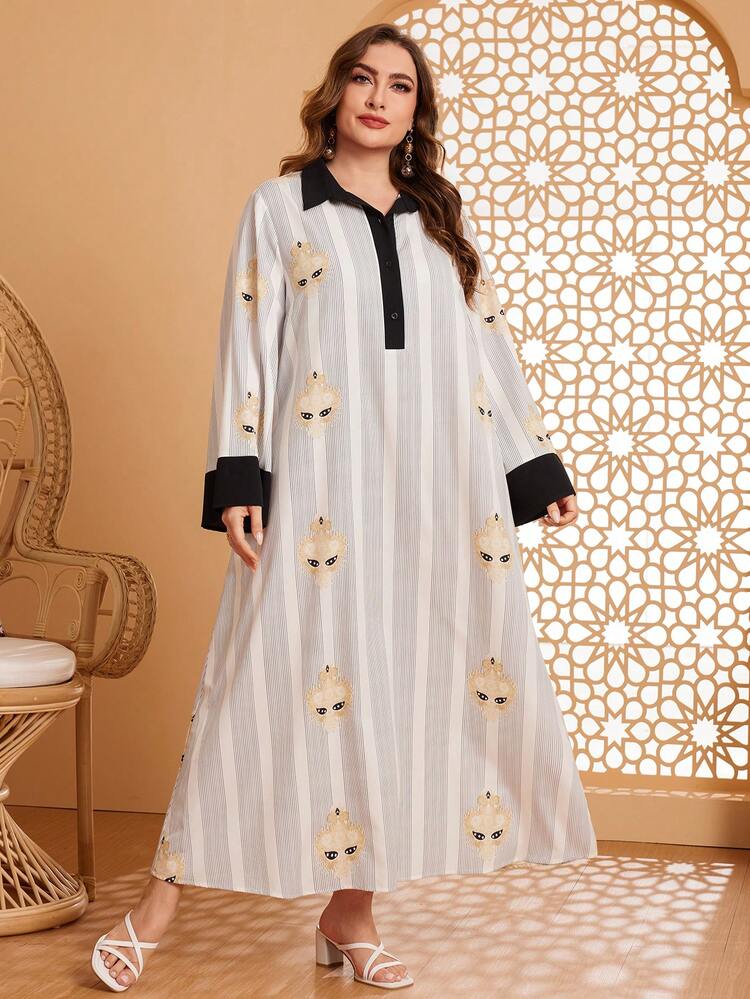 Plus Size Color Block Turn-Down Collar And Cuff Long Sleeve Dress