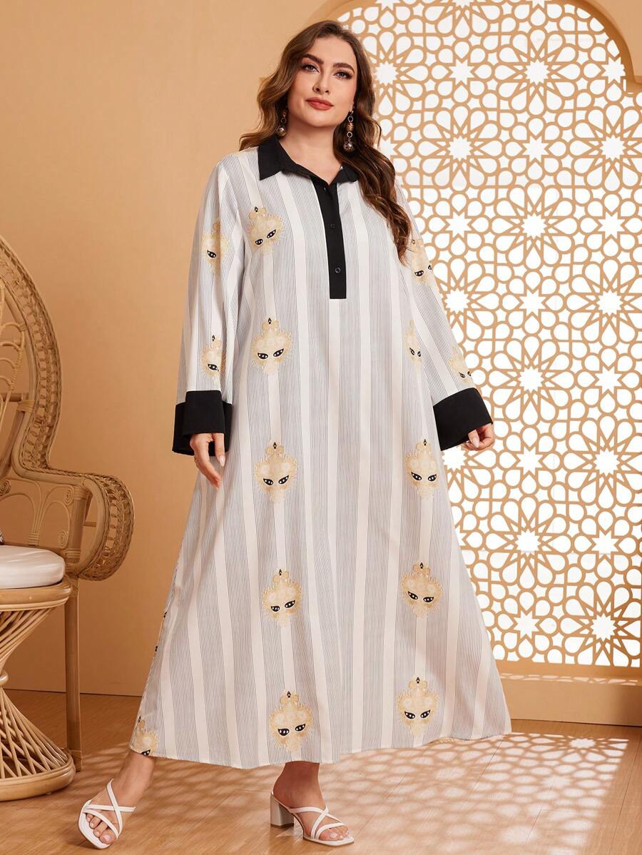 Al Najma Große Größen Langärmliges Kleid mit Farbblock-Umlegekragen und Manschetten