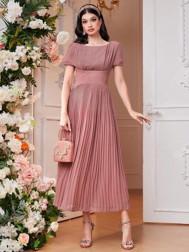 Solid Color Pleated Dress