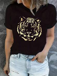 INAWLY Women's Tiger Printed Short Sleeve T-Shirt Graphic Tees Women Tops - Black - View 1