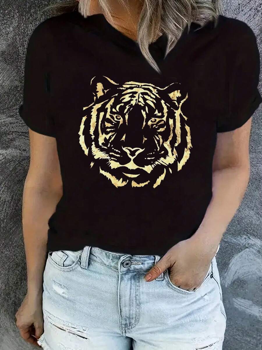 INAWLY Women's Tiger Printed Short Sleeve T-Shirt Graphic Tees Women Tops - Black - View 1