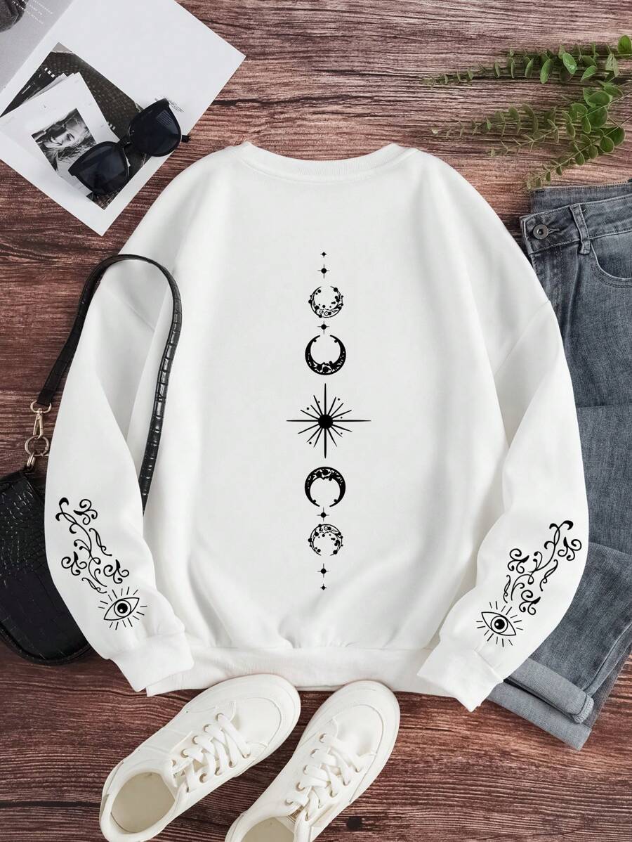 SHEIN EZwear 女士眼睛印花抓毛長袖衛衣 - 白色 - 查看 1