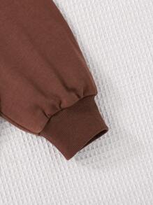 SHEIN Teenage Girls' Knitted Solid Color Hooded Sweatshirt With Letter Applique And Pockets - Brown - View 3