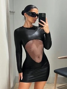 SHEIN ICON 女士網布 & Pu 皮革拼接連身裙 - 黑色 - 查看 5