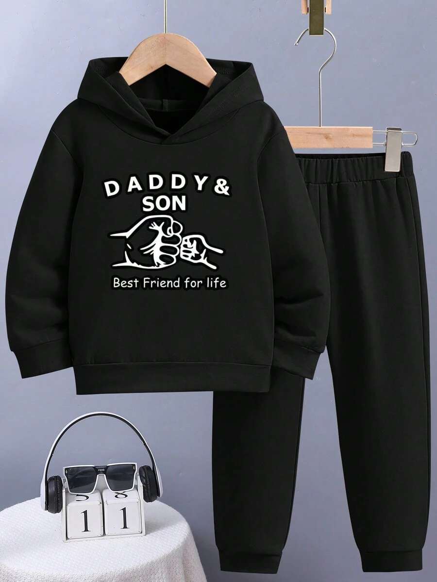 男童字母印花帽衫運動衫和慢跑褲 - 黑色 - 查看 1