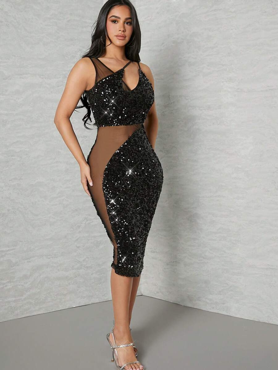 Hauture Asymmetric Neckline Mesh Contrast Sequin Hollow Out Dress - Black - View 1
