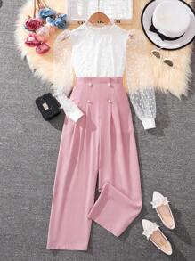 SHEIN Tween Girls Love Mesh Splicing Long Sleeve Two-Piece Set - Multicolor - View 1