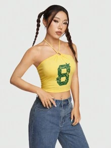 ROMWE Avant Top De Halter Print De Patrón De Número 8 Y Pentagrama Con Lazo De Cuerda