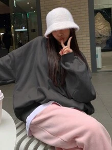 DAZY 秋冬女士宽松圆领纯色保暖内衬运动衫 - 深灰色 - 查看 3