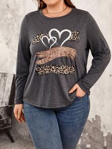 SHEIN LUNE 大尺寸心形和豹紋圖案長袖t恤 - 灰色 - 查看 3