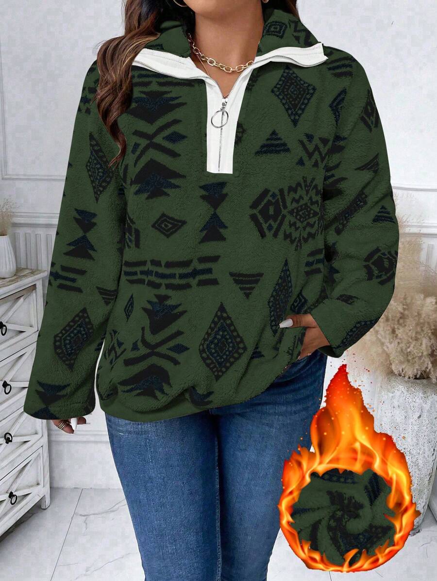 Calvaya 大尺寸女款毛絨衛衣,幾何圖案和拼色細節 - 綠色 - 查看 1