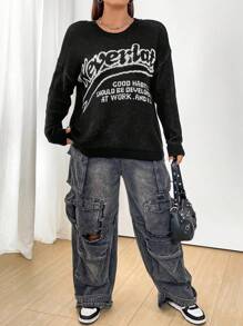 Flirla Pull oversize décontracté pour femmes avec imprimé slogan, tricot pull automne hiver - Noir - Voir 4