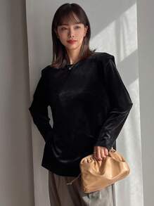 FRIFUL Của phụ nữ Lông cừu Tay áo dài Áo thun - màu đen - Xem 5