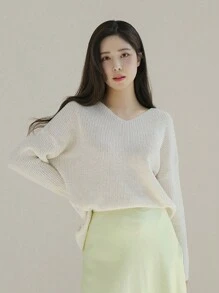 DAZY V-Neck Loose Fit Drop Shoulder Sweater Linen,Fall Clothes - White - View 8