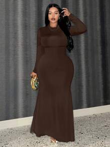 Slaydiva 大尺碼純色人魚修身連身洋裝 - 咖啡棕 - 查看 5