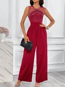 SHEIN Privé Women'S Rhinestone Decor Hollow Out Jumpsuit - Burgundy - View 5