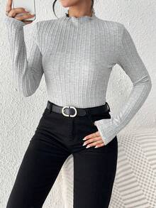 SHEIN Frenchy 生菜邊立領長袖t卹 - 灰色 - 查看 3