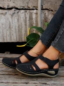 时尚轻便舒适休闲黑色沙滩风格钩环坡跟厚底女式凉鞋 - 黑色 - 查看 6