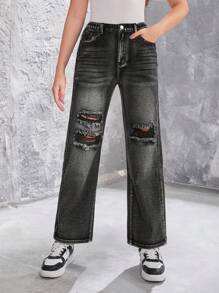 Teenagers' Distressed Straight Leg Jeans - Black - View 1
