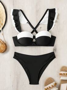 SHEIN Swim 夏季沙灘荷葉邊推擠彩塊比基尼套裝，嘉年華 - 黑與白 - 查看 3