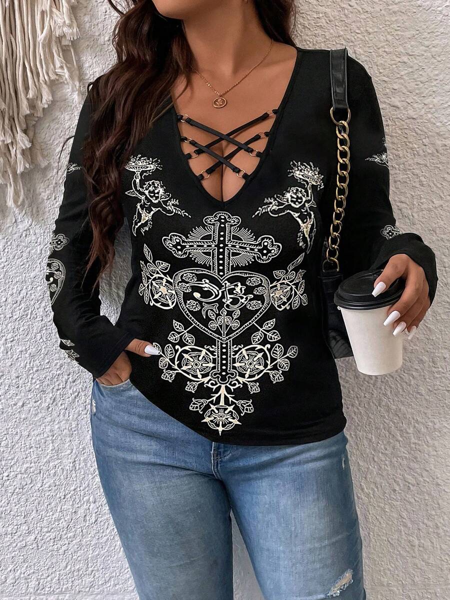 Flirla Của phụ nữ Kích thước lớn Mặt trước Sự tréo nhau Dây đeo Hoa văn chữ thập Tay áo dài Áo thun - màu đen - Xem 1