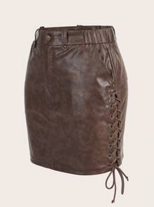 SHEIN EZwear Women'S Vintage Washed Faded Tie Belted Skirt - Brown - View 5