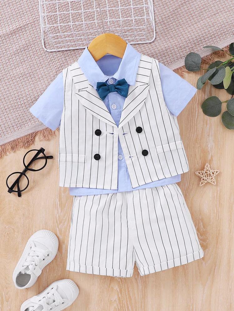 3pcs Baby Boys' Gentlemen Style Striped Vest + Shorts + Solid Color Bowtie Short Sleeve Shirt Set