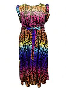 Maweii 大码女式豹纹渐变色盖袖摆裙 - 玫紅色 - 查看 4