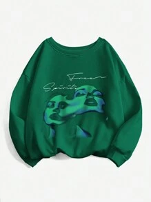 SHEIN EZwear 女士加大碼臉部印花圓領運動衫 - 綠色 - 查看 1