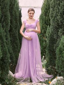 Maternity Ruffled Mesh Maxi Prom Party Elegant Dress - Mauve Purple - View 6