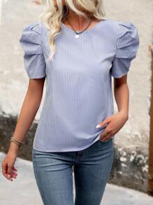 SHEIN LUNE Knotted Back Striped Blouse With Puff Sleeves,Short Sleeve Tops