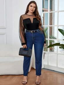 SHEIN Privé Plus Size Mesh Contrast Shirt - Black - View 6