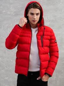 RueChic Men Zip Up Drawstring Hooded Puffer Coat - Red - View 5