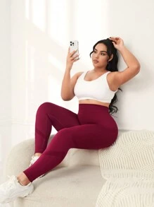 Yoga Futuristic 超大尺碼運動身材修身提臀打底褲 - 酒紅色 - 查看 6