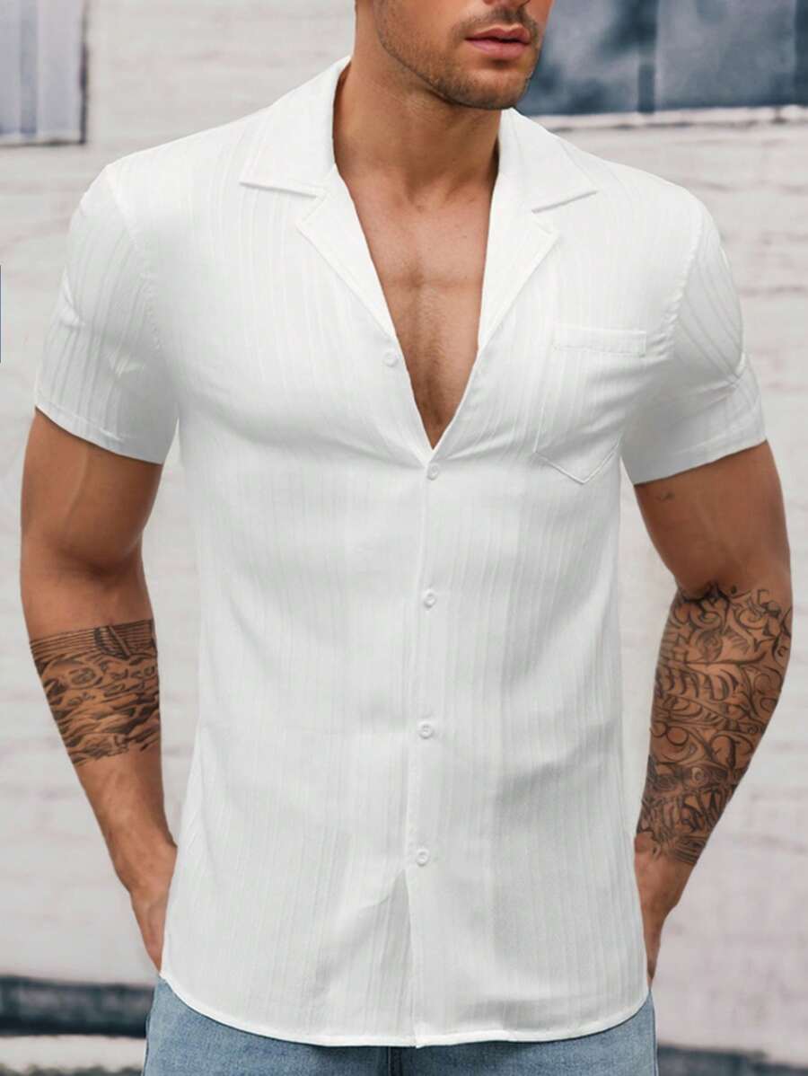 GENTILAND 宽松男士纯色口袋贴布休闲衬衫（非 T 恤） - 白色 - 查看 1