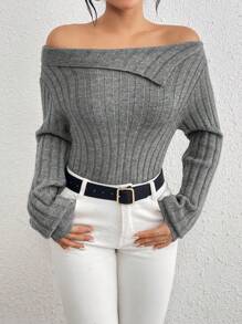Chiquease Women's Off Shoulder Drop Shoulder Knit Pullover Fall Winter Sweater - Grey - View 5