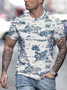 SHEIN Manfinity LEGND Men's Illustration Printed Round Neck Short Sleeve T-shirt - Blue - View 1