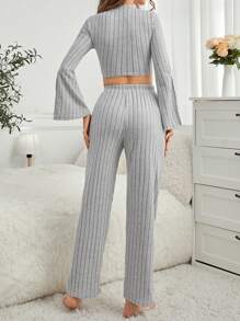 Quý cô màu trơn Đồ đan Ribbed Trang phục mặc nhà Bộ - Màu xám đen - Xem 2