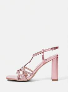 Sandalias De Tacón Alto Cuadrado Con Punta Pre-cubierta De Pedrería Y Cómodas Para Mujeres - Rosa - Ver 3
