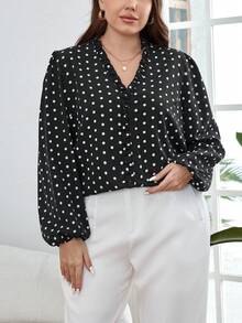 SHEIN Privé 女士大尺碼圓點燈籠袖襯衫 - 黑與白 - 查看 5