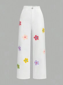 SHEIN Tween Girl Urban Floral Print Fashionable Woven Loose Straight Leg Pants - White - View 1