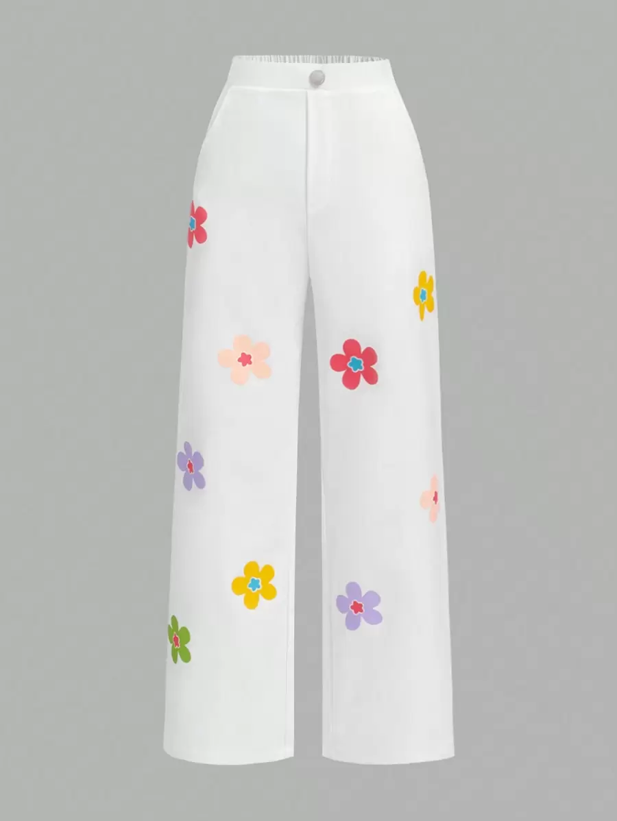 SHEIN Tween Girl Urban Floral Print Fashionable Woven Loose Straight Leg Pants - White - View 1