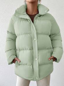 EURMUSE Zip Up Snap Button Puffer Coat - Green - View 3