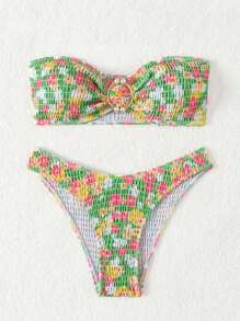 SHEIN Swim 夏季花卉印花吊带分体比基尼套装，随机印花 - 彩色 - 查看 8