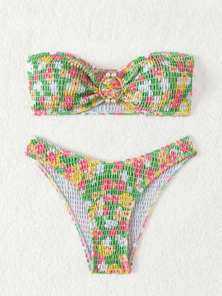 Summer Floral Printed Halter Neck Separated Bikini Set, Random Print