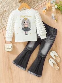SHEIN Áo dài tay in họa tiết cô gái trẻ và quần ống loe hiệu ứng denim Trang phục thường ngày - Nhiều màu - Xem 1